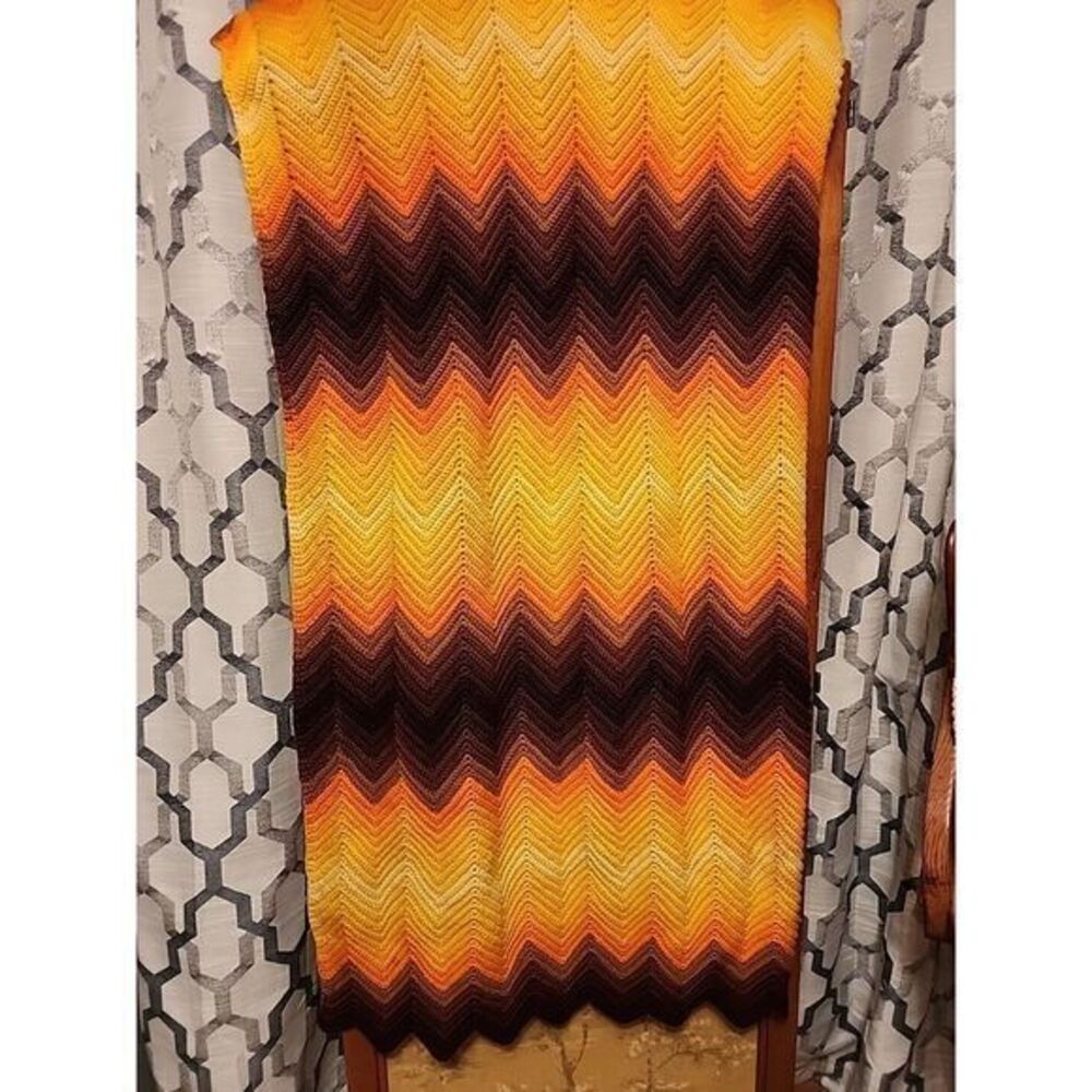 Vtg Retro Crochet Afghan Throw Chevron ZigZag Orange Yellow Brown Halloween Fall